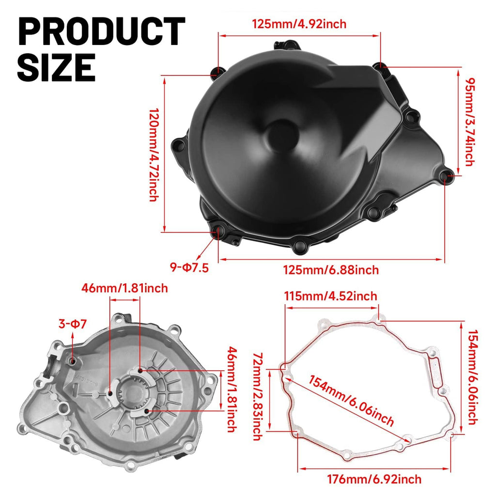 Aluminum stator cover and gasket size diagram with measurements labeled