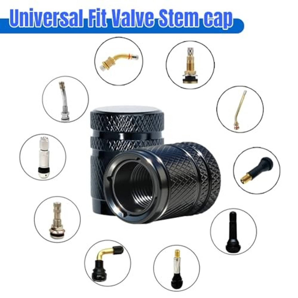 Black tire valve stem cap set, featuring one cap with open threaded end
