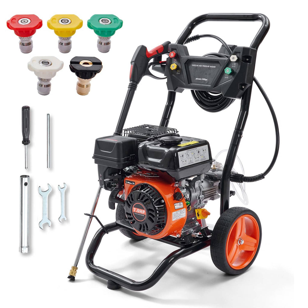 Gas pressure washer with orange 210cc engine, black frame, orange wheels, and accessory nozzles
