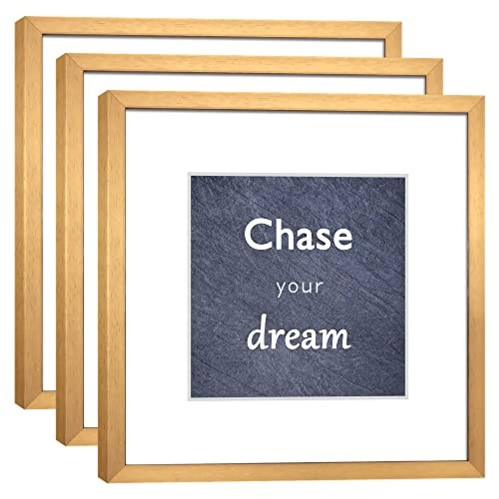 Three square gold aluminum photo frames with real glass, front view with printed art