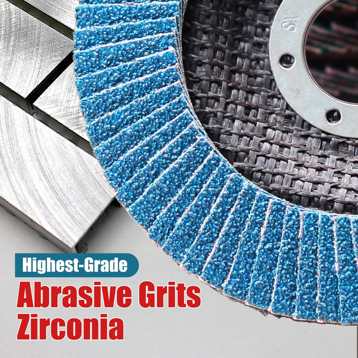 Close-up of blue zirconia flap bristles on a black backing plate