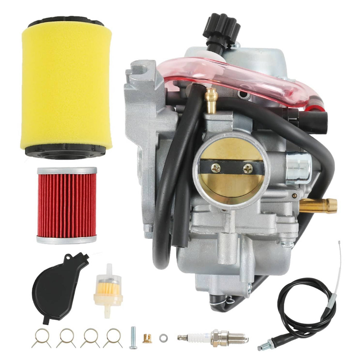 Carburetor assembly with manual choke, air filter and spark plug items shown