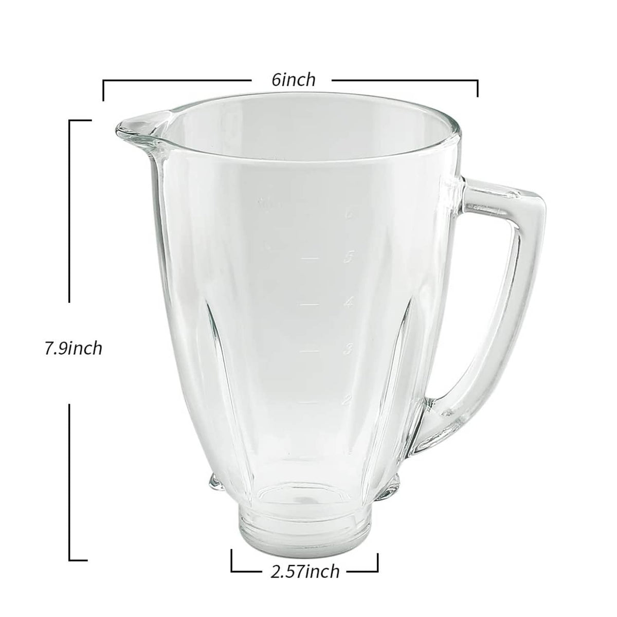 Clear glass blender jar with handle and measurement lines, 7.9 in tall