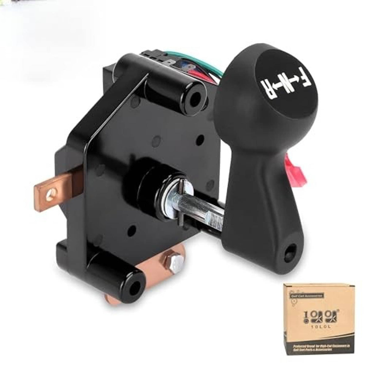 Forward/reverse golf cart switch assembly with black knob, wiring, and mounting bracket