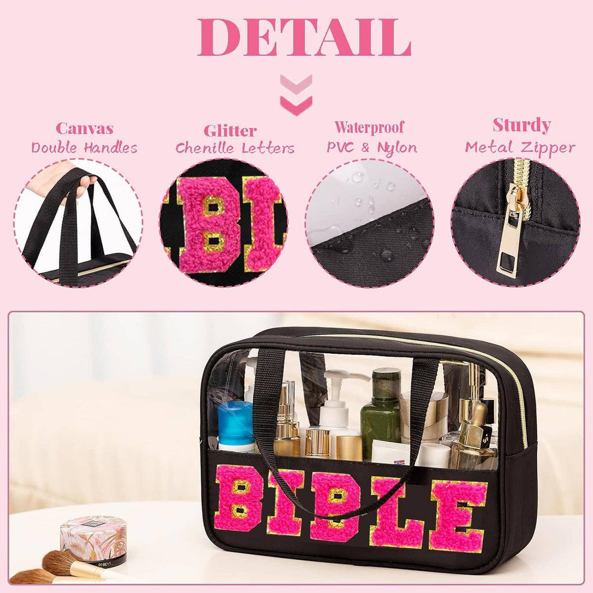 Bible bag detail: glitter chenille letters, waterproof PVC material, and metal zipper