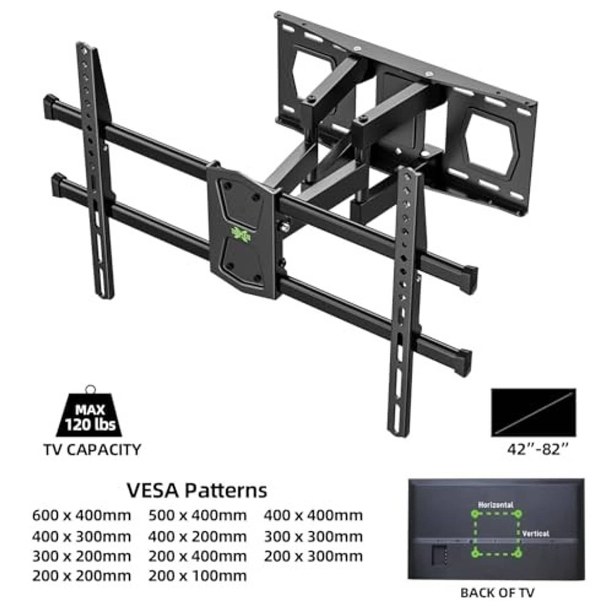 Black full motion TV wall mount with extendable arms and VESA pattern holes