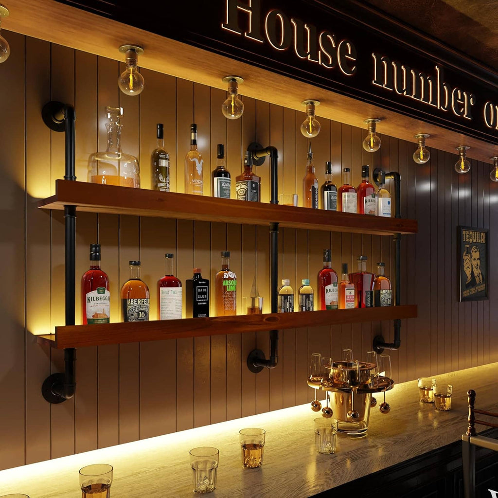 Wall-mounted 2-tier wine rack with black pipe frame and LED-lit shelves holding wine bottles