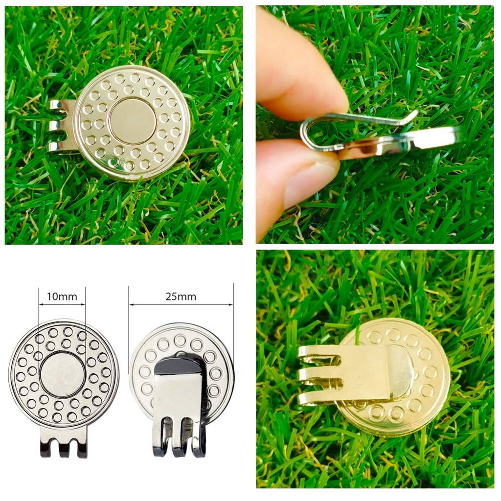 Round golf ball marker with hat clip and size diagram on green grass