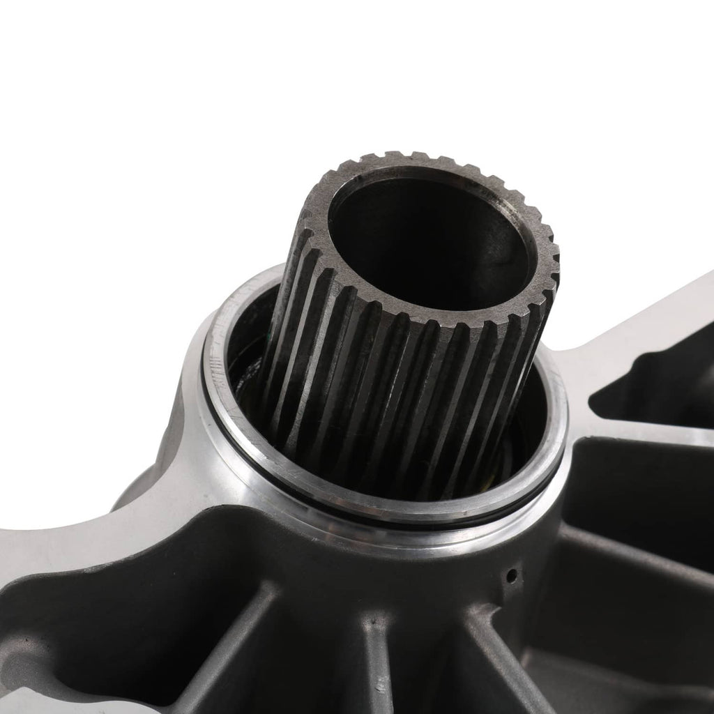 Transfer case output gear and splined shaft detail, silver metal housing close-up.