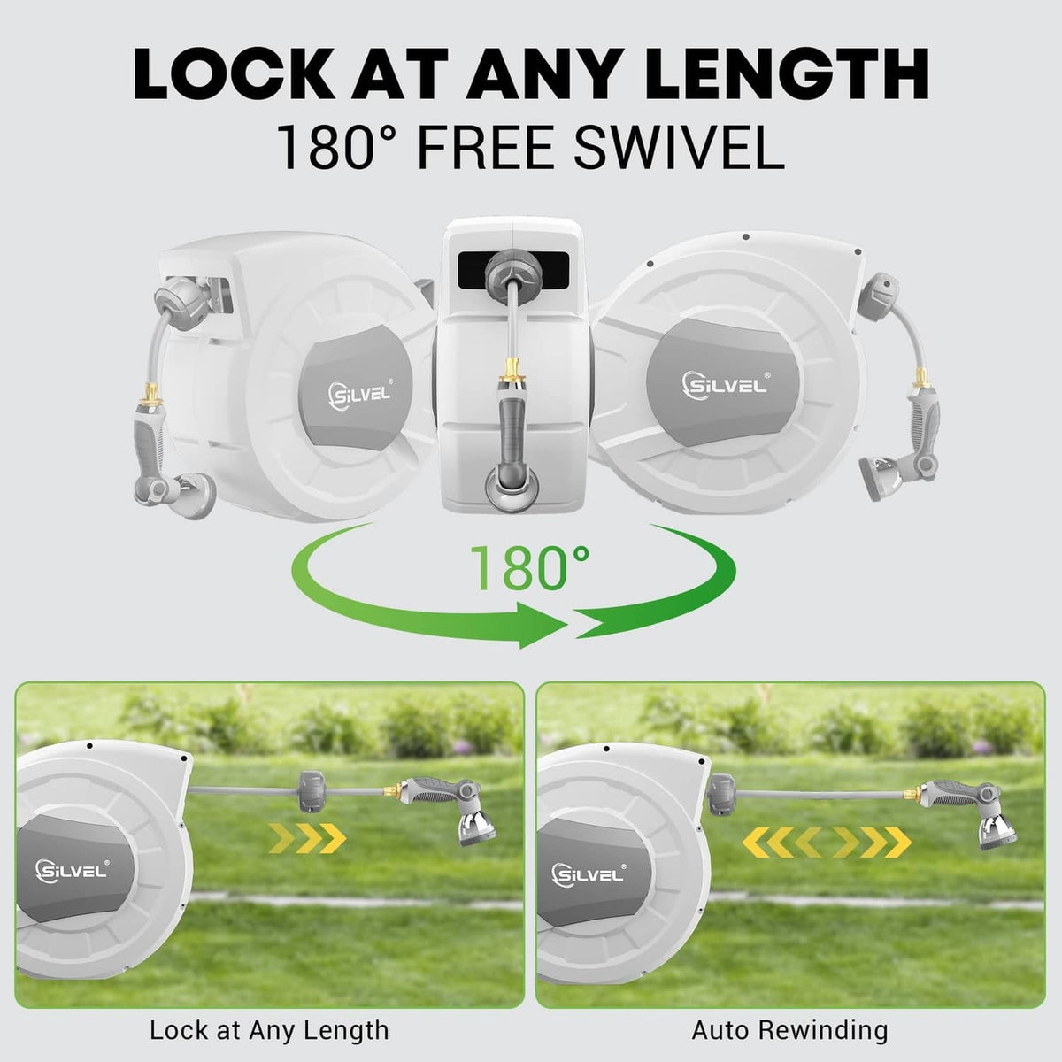 Light grey hose reel with 180-degree swivel arm and locking handle