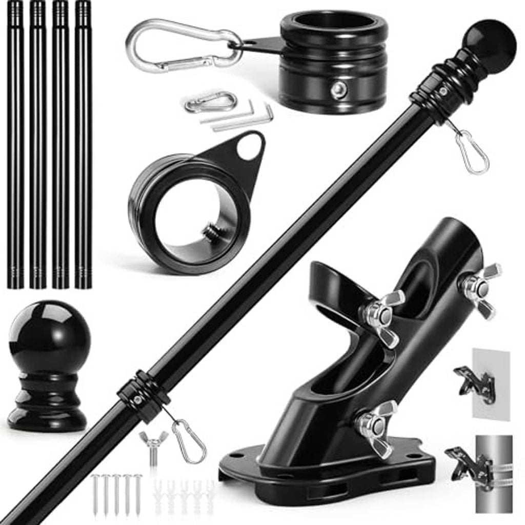 Black flag pole kit with ornament ball finial, rings, and angle-mount brackets