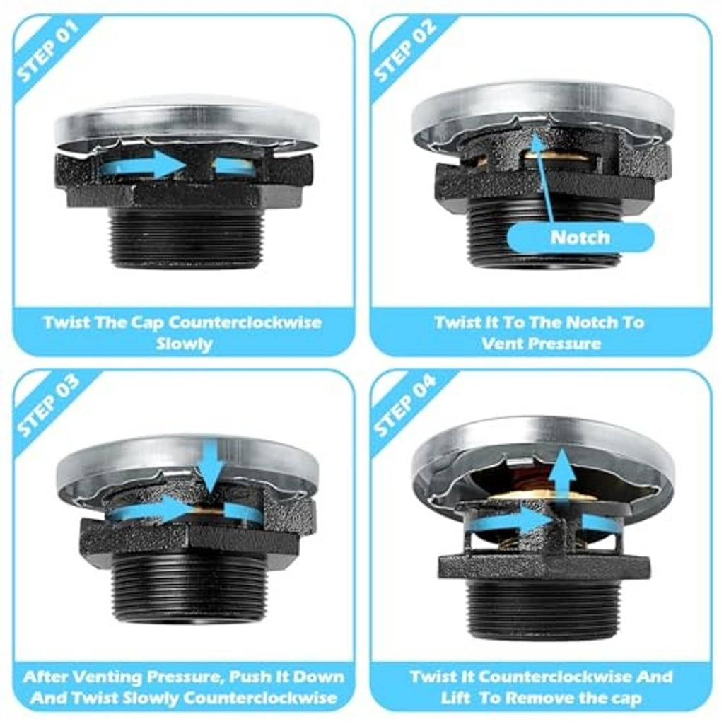 Vented diesel fuel cap design showing twist-to-vent notch and removal steps