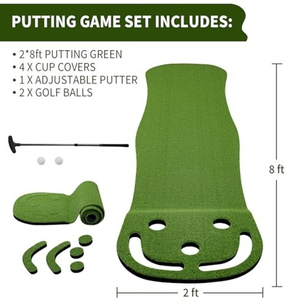 Artificial turf putting green set with green mat, adjustable putter, cup covers and balls
