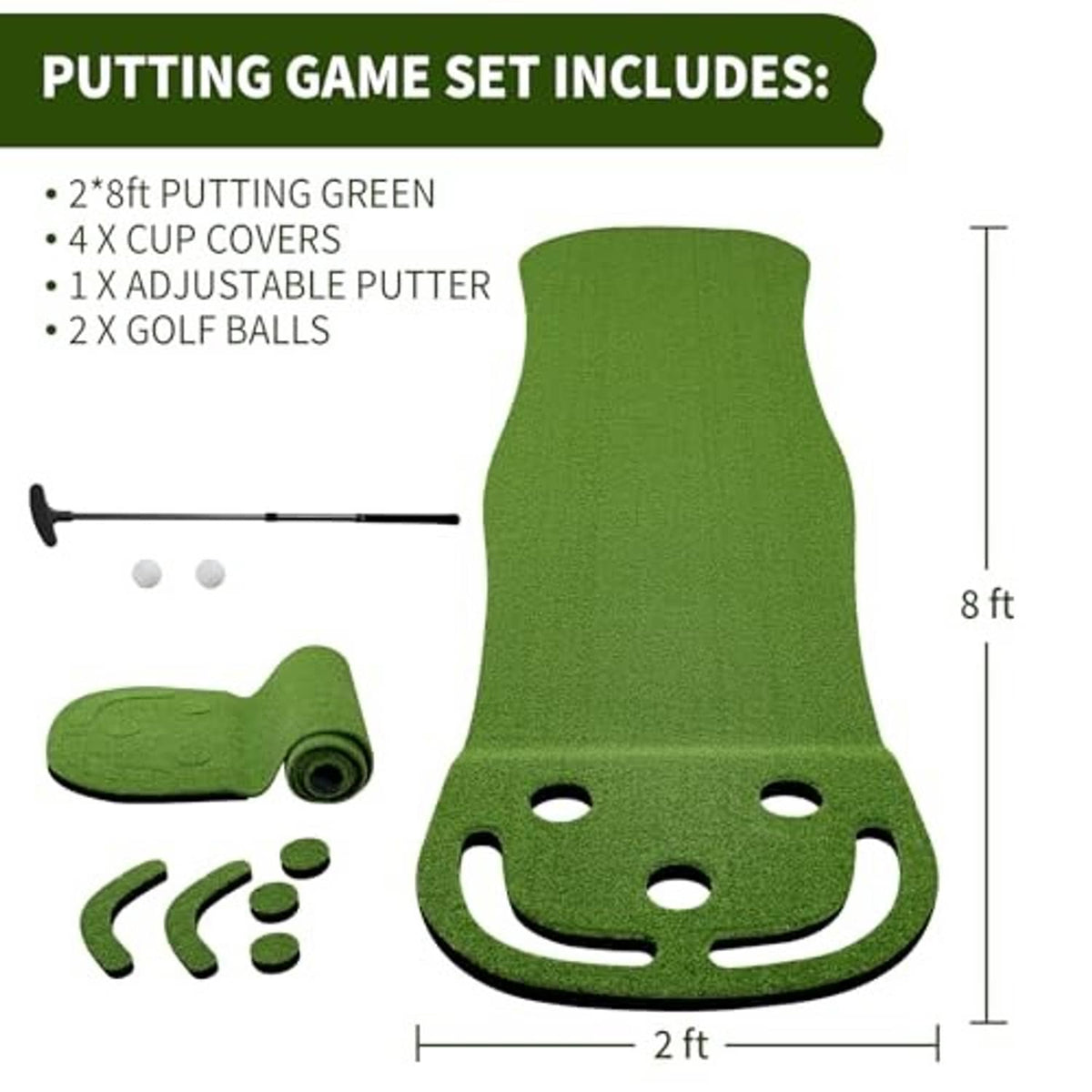 Artificial turf putting green set with green mat, adjustable putter, cup covers and balls