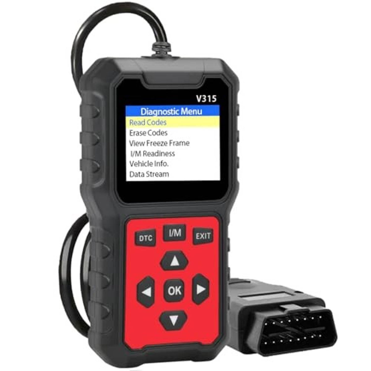 Handheld OBD2 scan tool with color Diagnostic Menu display and side OBD connector