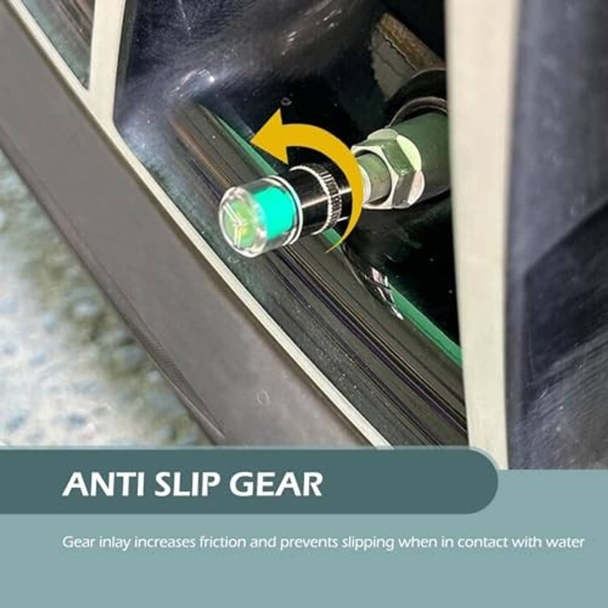 Chrome tire valve cap with green insert on a tire valve stem
