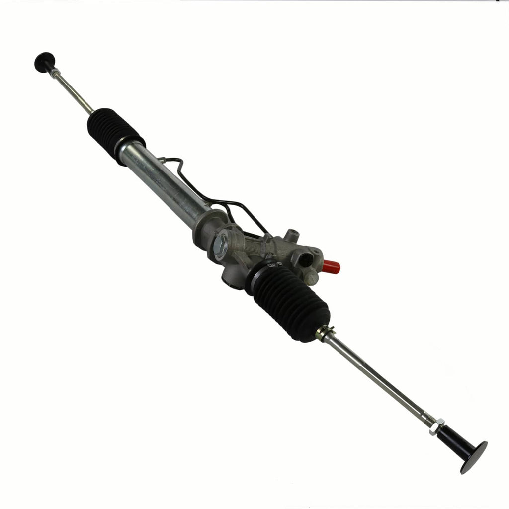 Power steering rack and pinion with gray metal housing, black rubber boots, and tie-rod ends