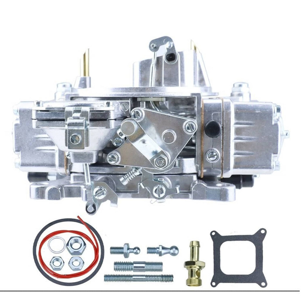 Silver 4-barrel carburetor, side view with choke linkage and included hardware