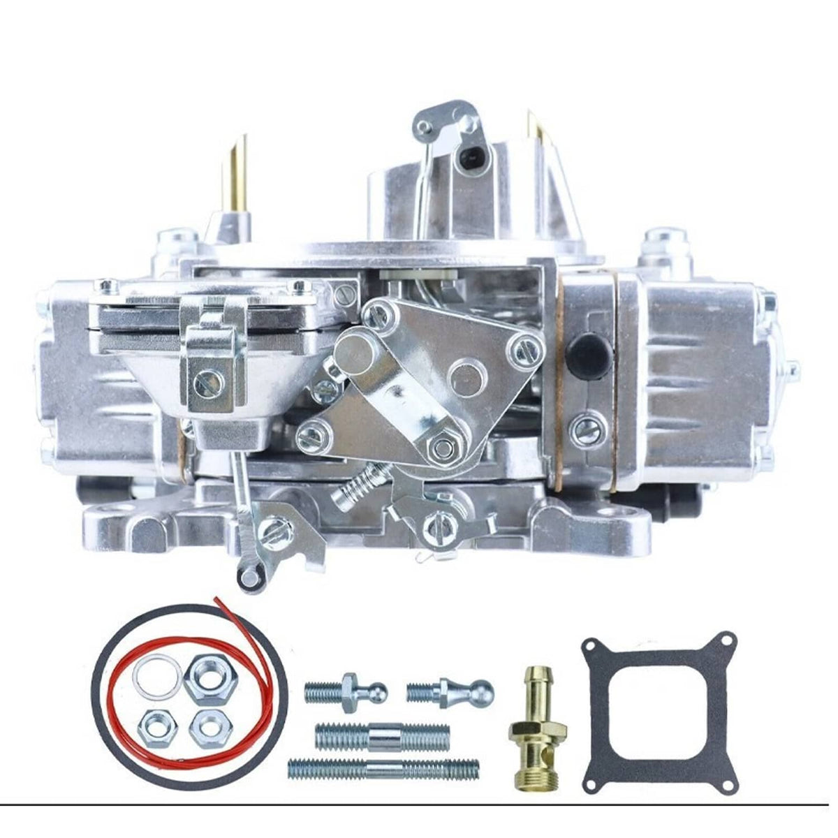Silver 4-barrel carburetor, side view with choke linkage and included hardware