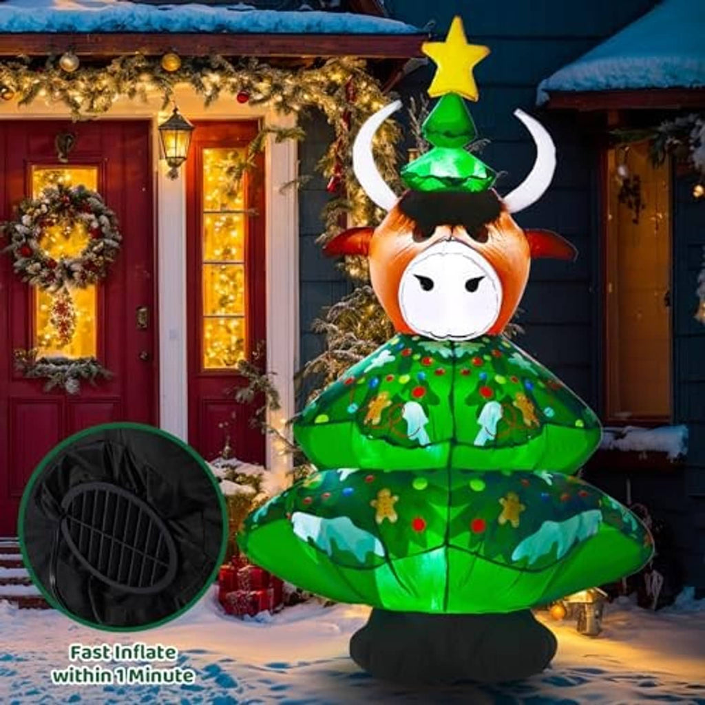 Inflatable highland cow Christmas decoration with green tree dress and star topper on base