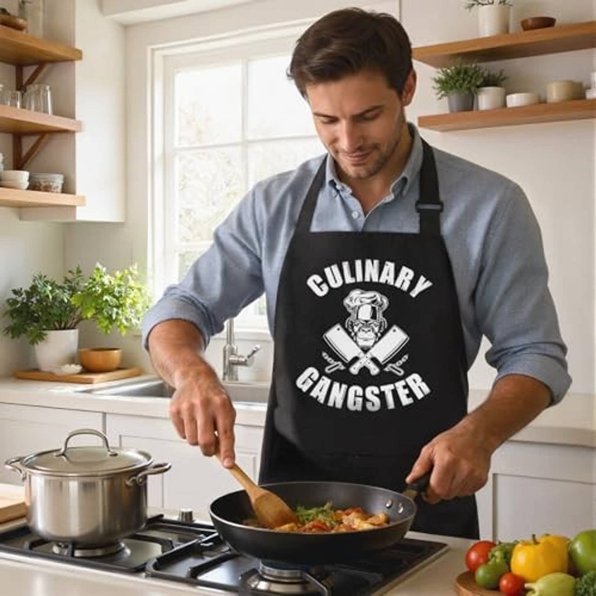 Black cooking apron with 'Culinary Gangster' logo, worn while cooking on a stovetop