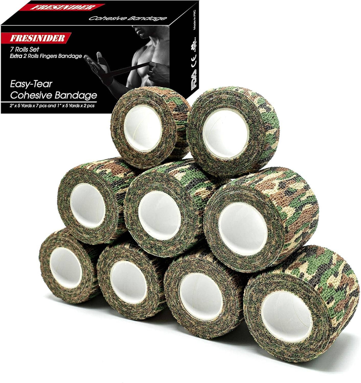 Camouflage self-adhesive athletic tape rolls, elastic cohesive wrap with white inner cores.