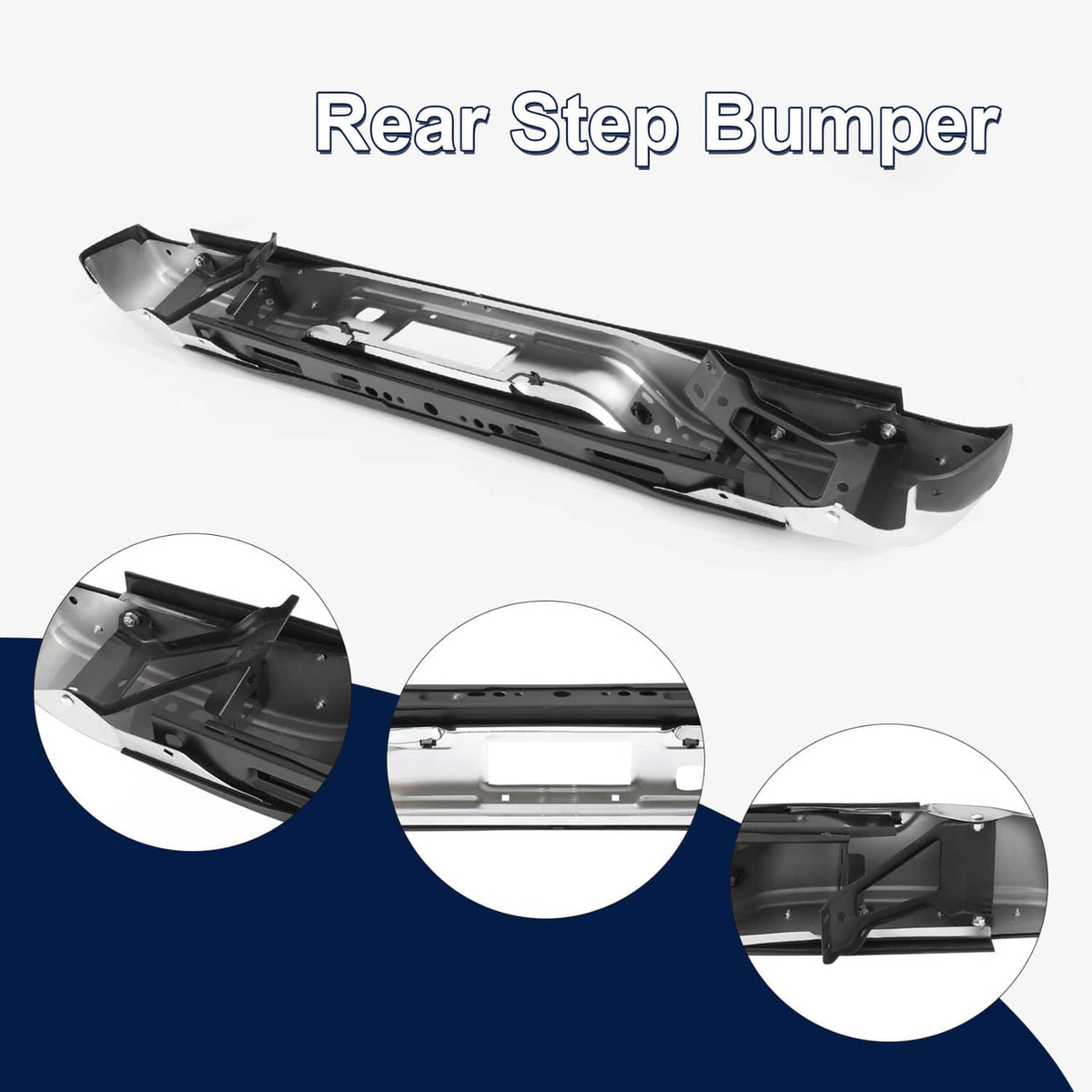 Rear step bumper with black step surface and chrome-like trim, underside view