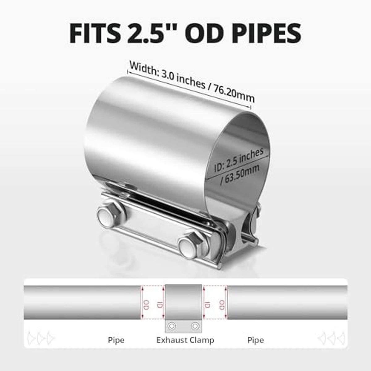 Stainless exhaust sleeve coupler band clamp shown with pipe-fitting size diagram