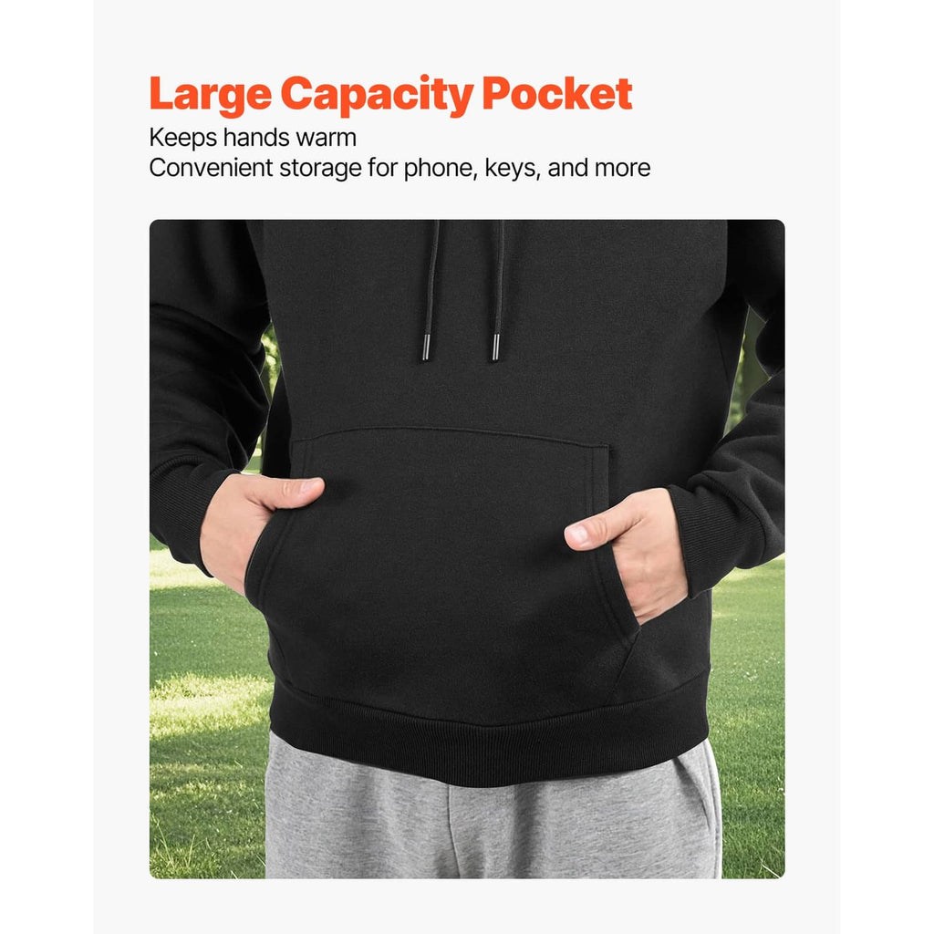 Black fleece pullover hoodie with large kangaroo pocket and drawstring hood