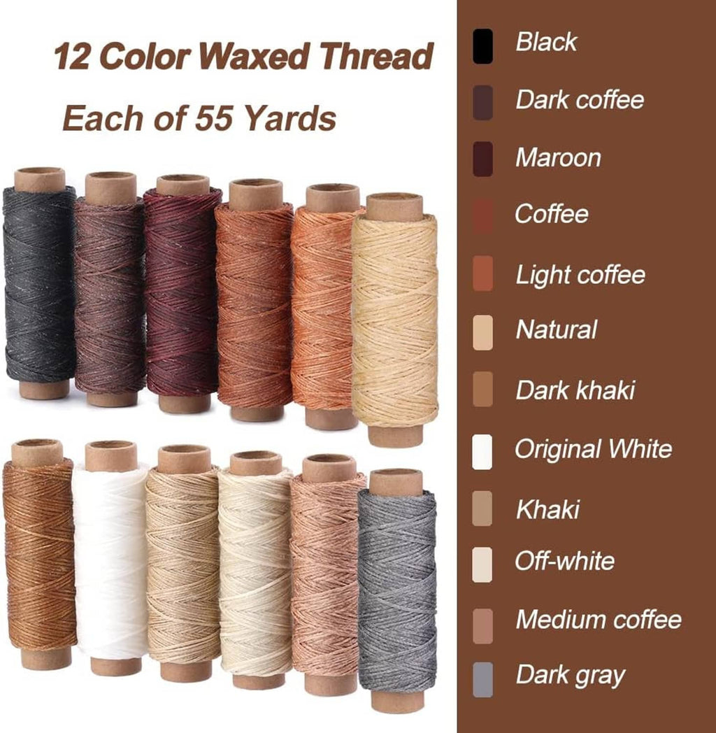 Multicolor waxed thread spools set, including black, coffee tones, and off-white