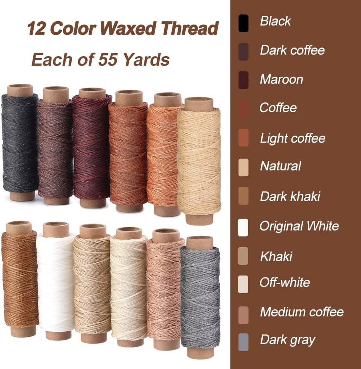 Multicolor waxed thread spools set, including black, coffee tones, and off-white