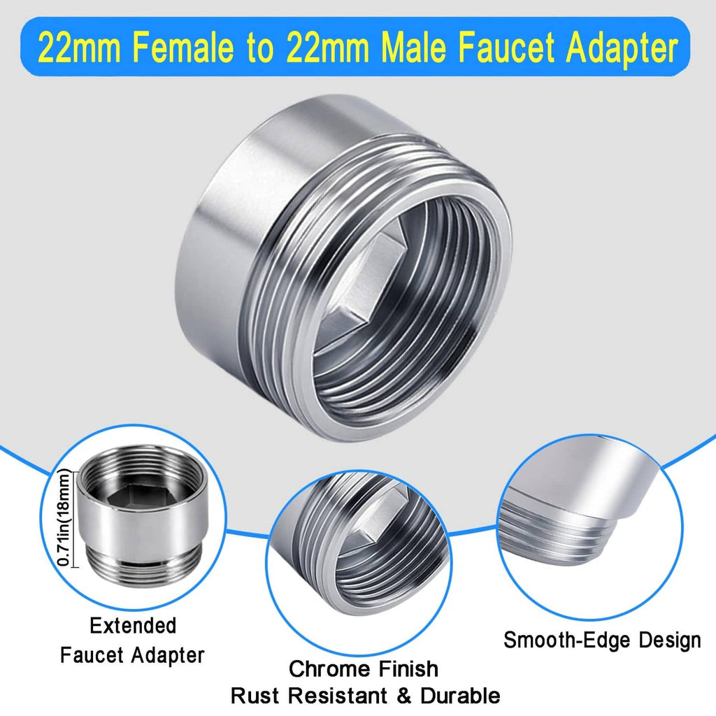 22mm female to 22mm male faucet adapter, silver threaded coupler