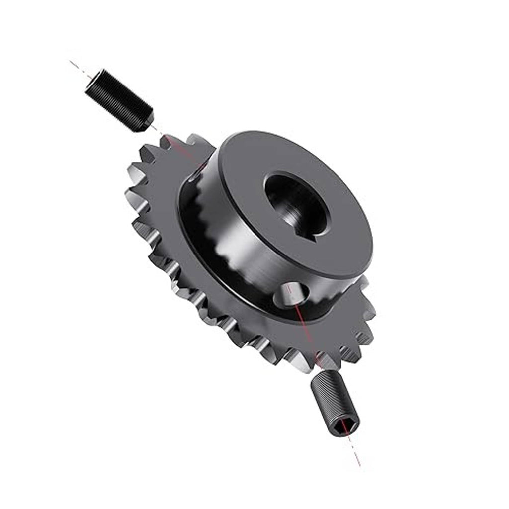 Roller chain sprocket with teeth, central bore, and keyway slot, angled view