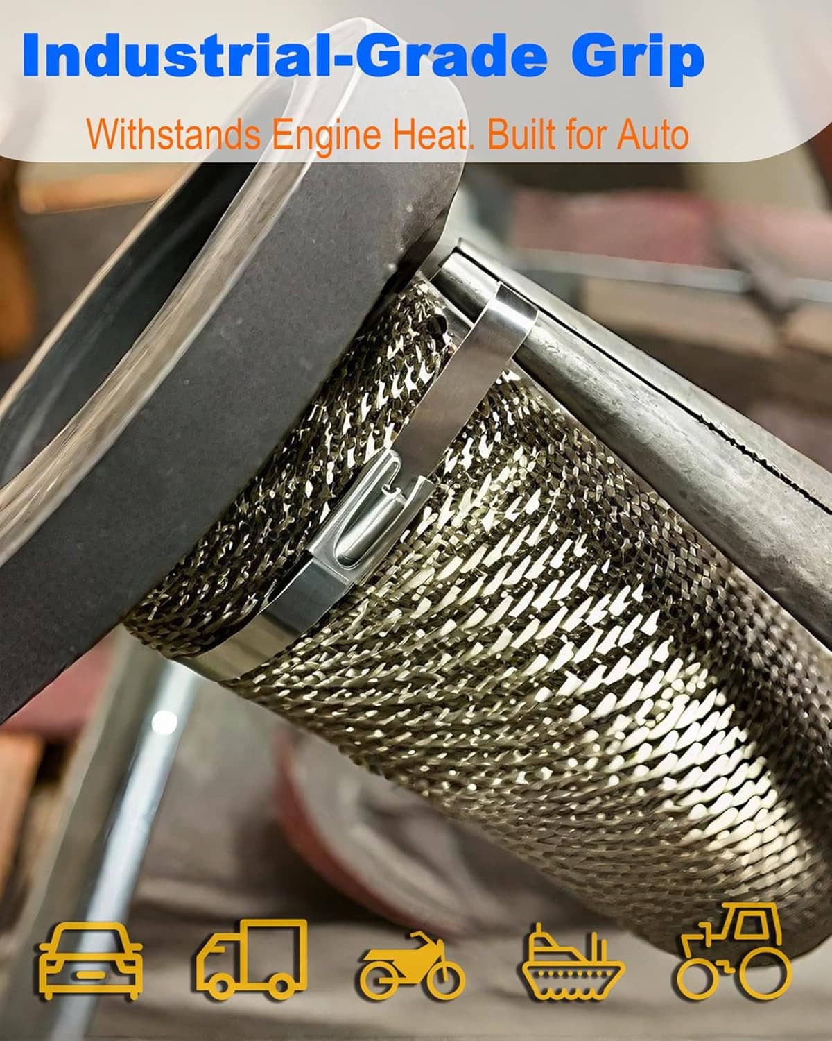 Stainless steel zip tie securing a braided cable or mesh inside a metal clamp head