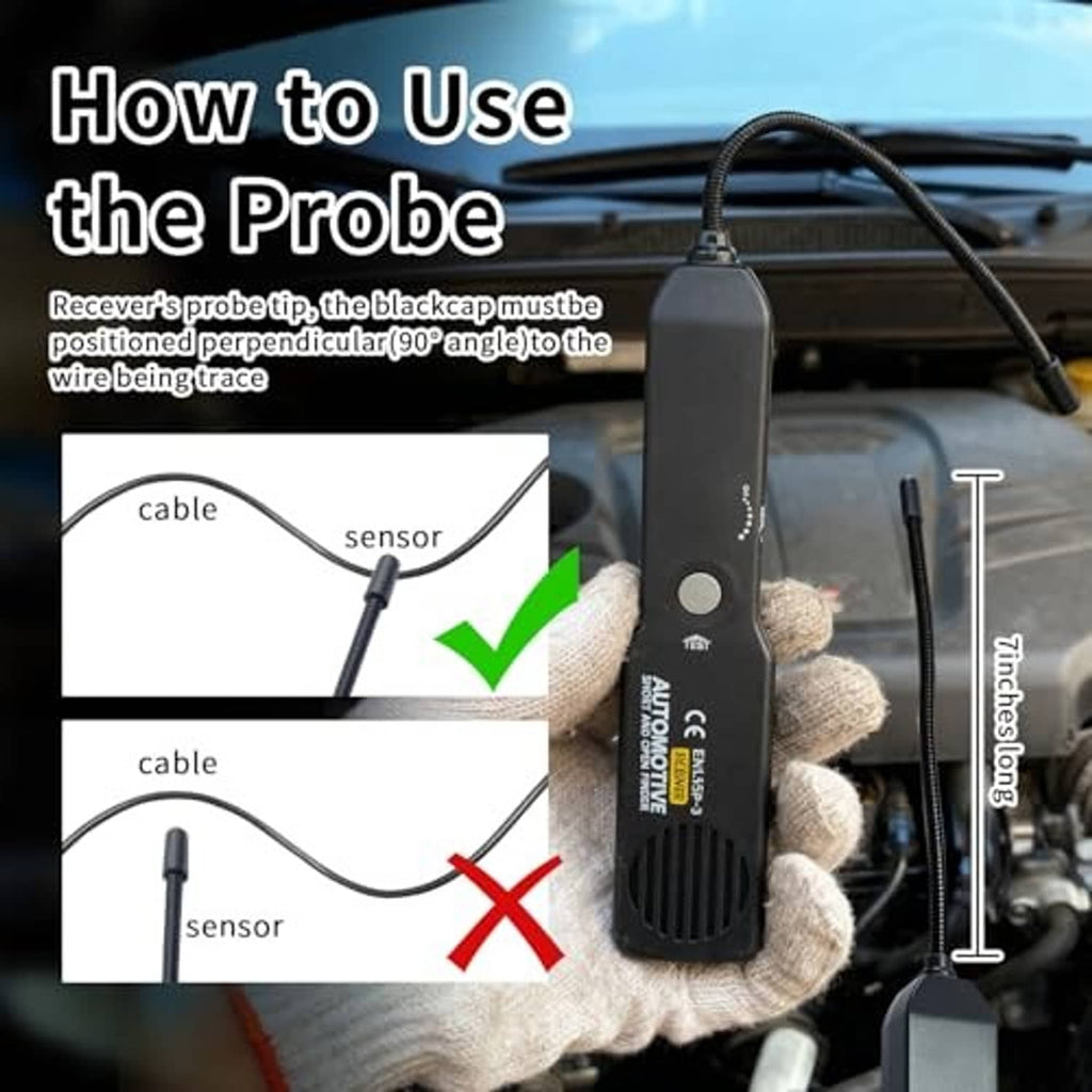 Wire finder probe with black sensor tip and testing leads for car diagnostics