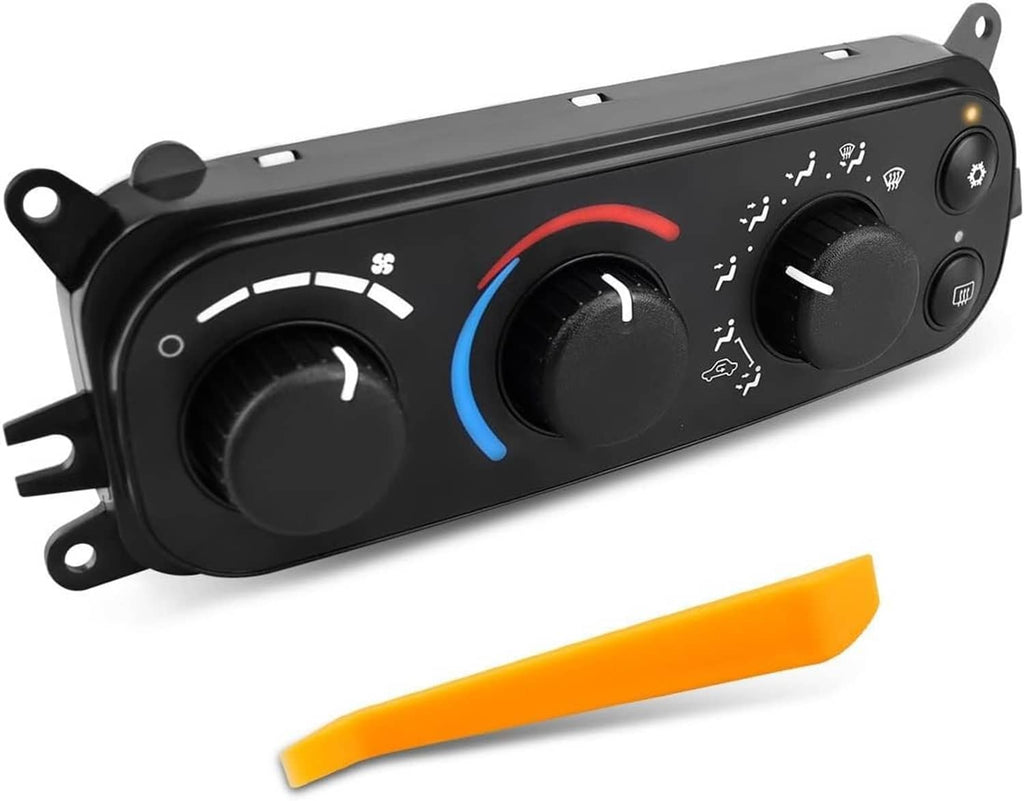 A/C heater climate control module close-up with three knobs and blue/red indicator markings