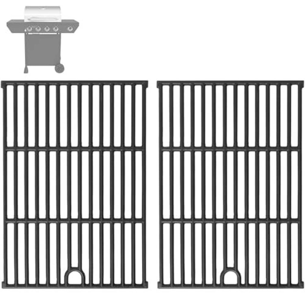Two-piece black cast-iron cooking grate set with arched handle cutouts