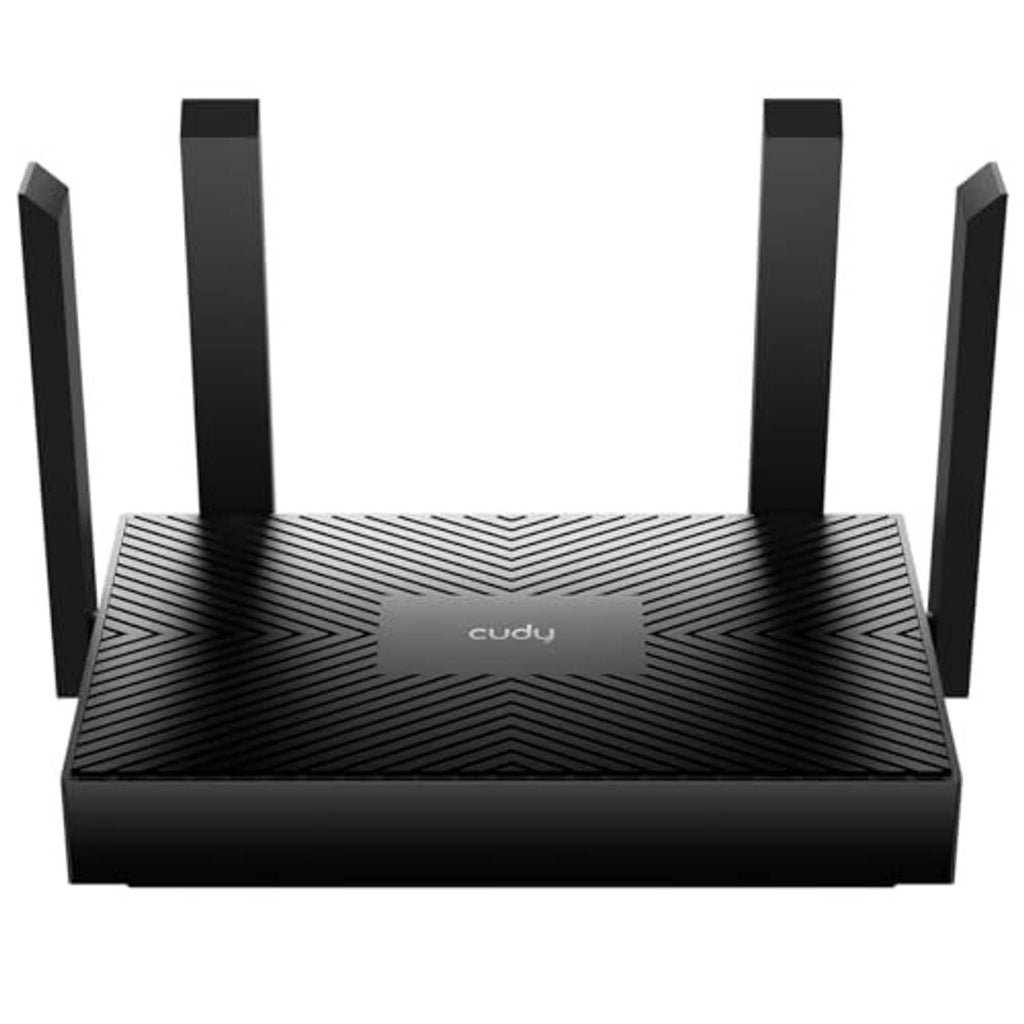 Black Wi‑Fi 6 router front view with four antennas and geometric patterned top.