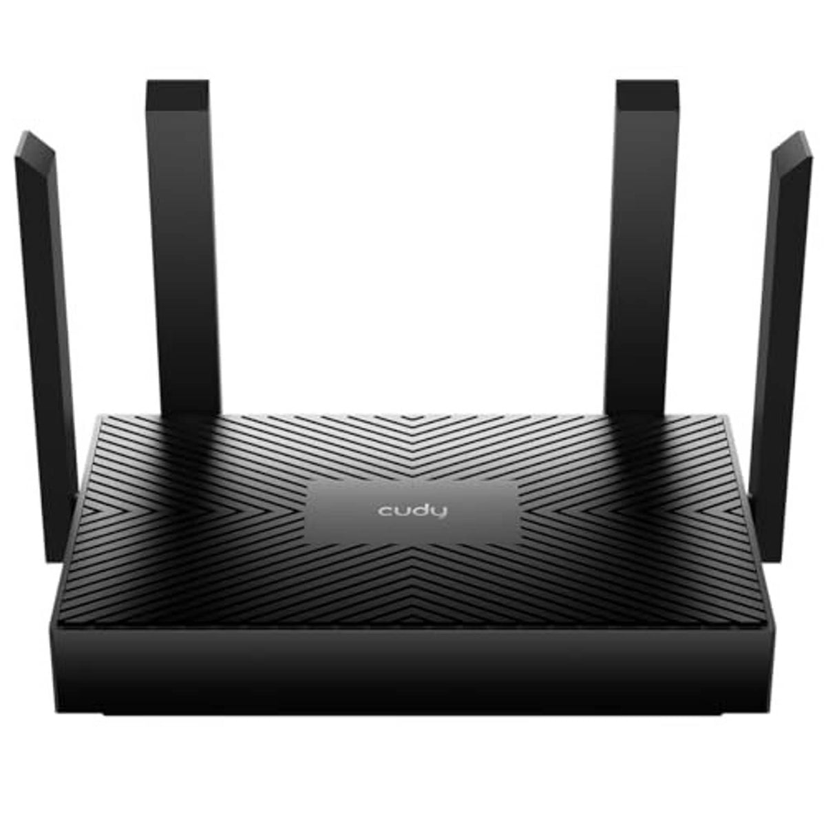 Black Wi‑Fi 6 router front view with four antennas and geometric patterned top.