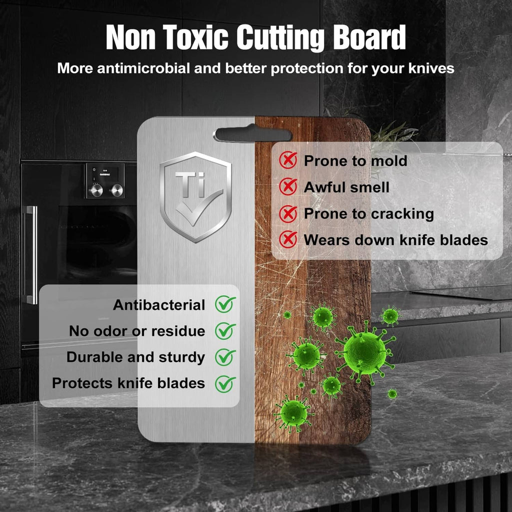 Silver titanium cutting board with antibacterial protection shield graphic