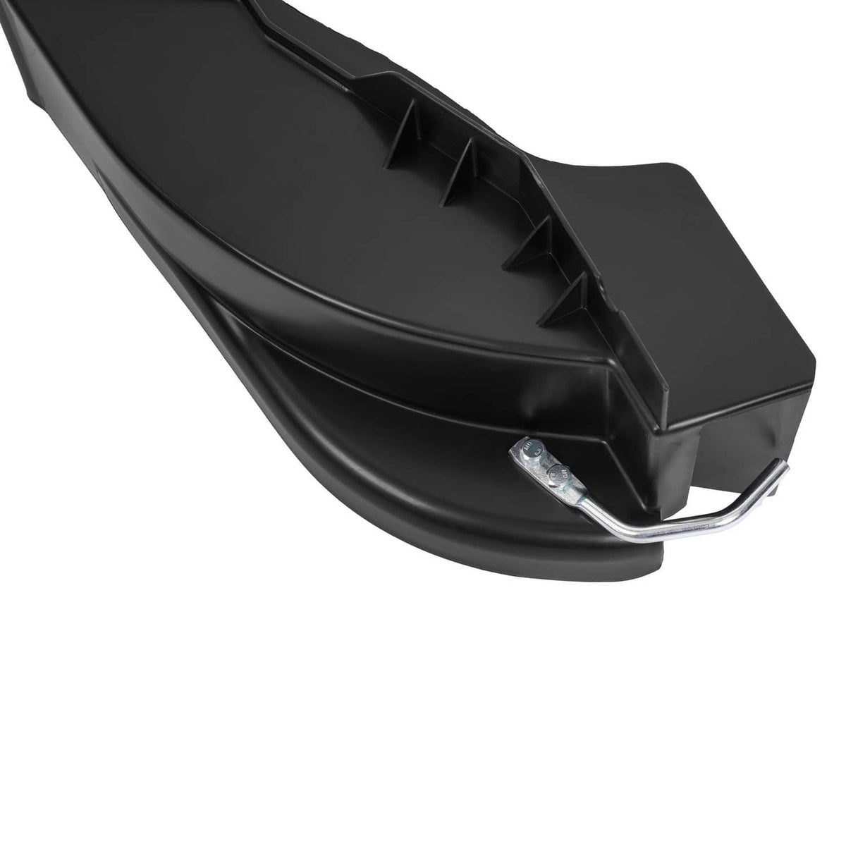 Black mulching deck blade with front cutting edge and metal pin attachment