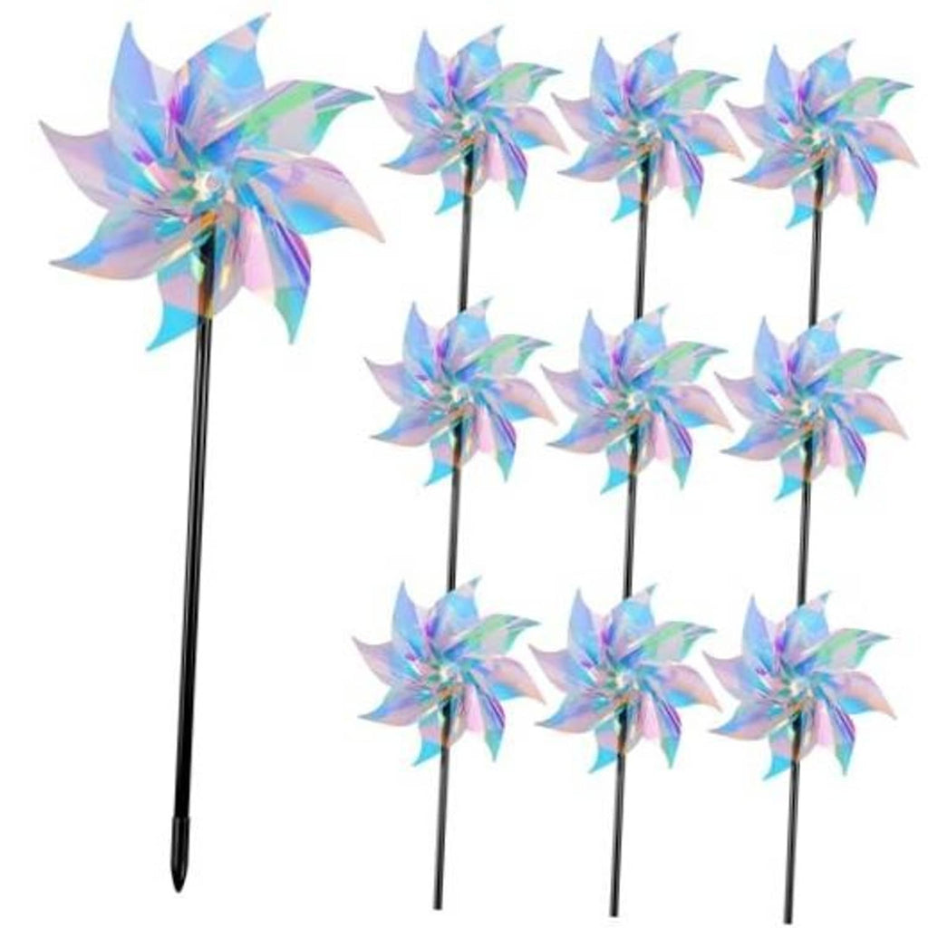 10-pack reflective rainbow pinwheel wind spinners with black stake poles
