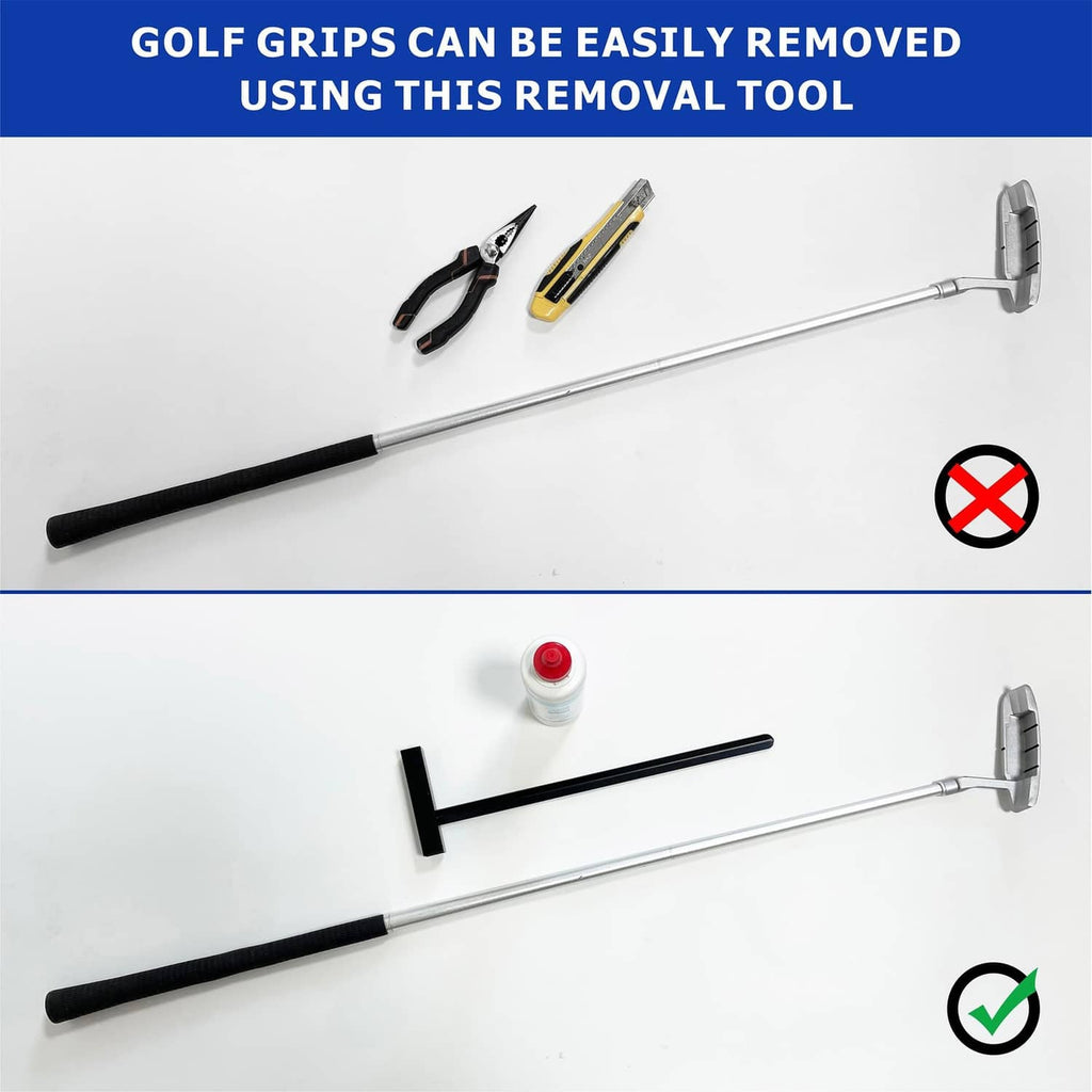 Golf grip removal tool placing prongs onto a club handle to release the grip