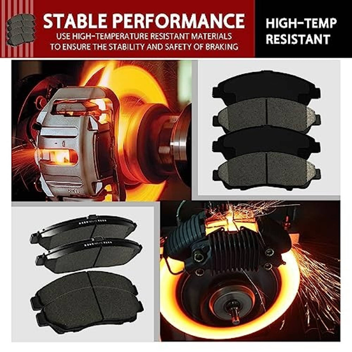 Brake pad performance graphic showing pad set and rotor under high-heat conditions