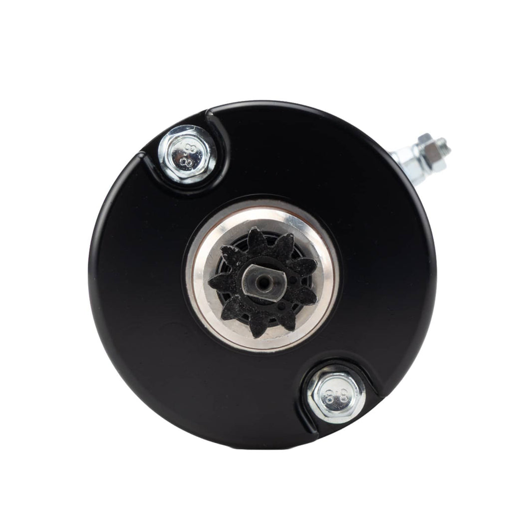 Round end view of black starter motor with four mounting bolts and gear hub