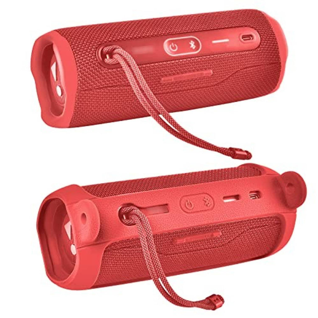 Red silicone speaker case with lanyard cord and access openings on top controls