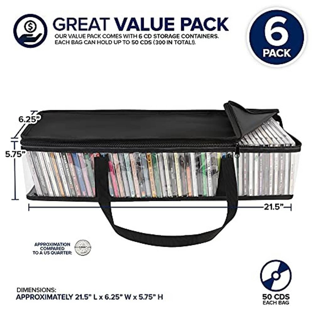 Clear PVC CD storage bag with black zip top and handles; holds up to 50 CDs