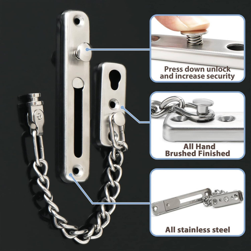 Silver metal door chain lock with keyhole slider latch and linked safety chain
