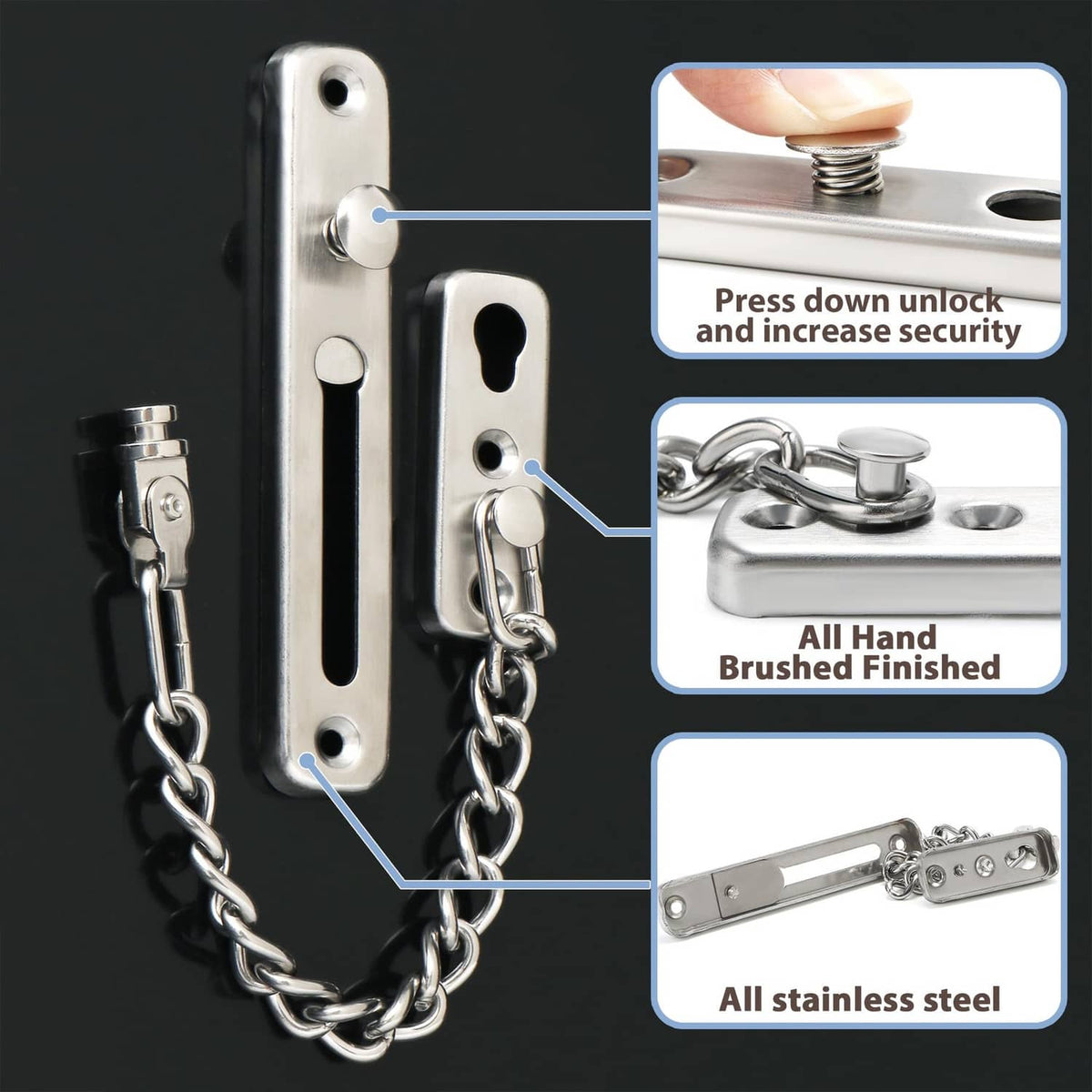 Silver metal door chain lock with keyhole slider latch and linked safety chain