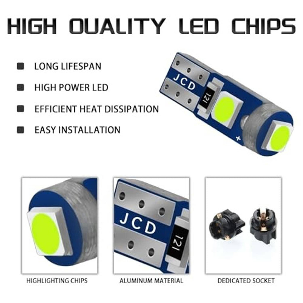 Blue LED bulb module with aluminum base, showing JCD plate and two bright green chips